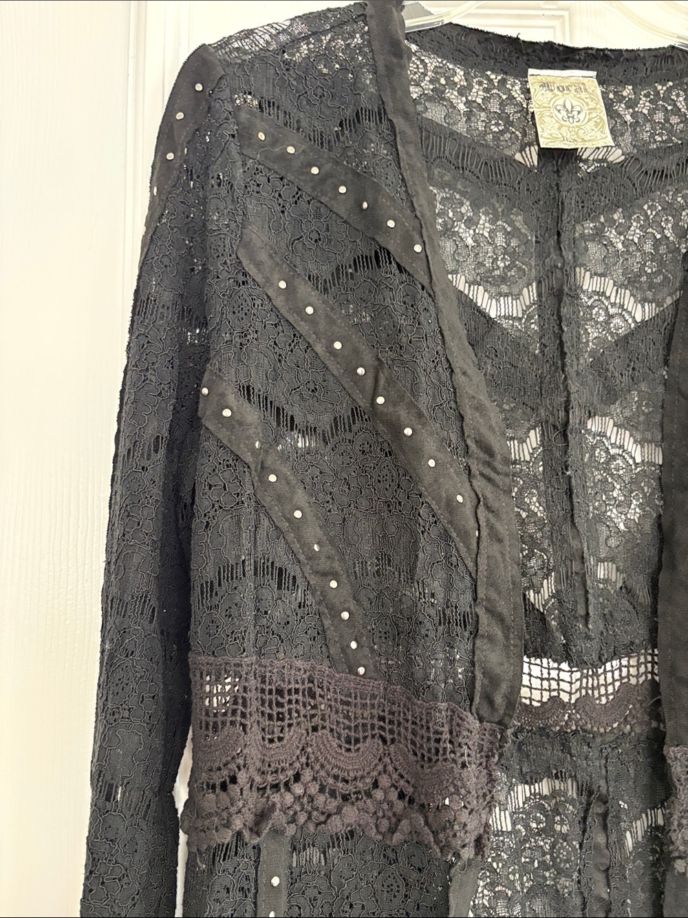 VOCAL Black Studded Lace Long Open Cardigan Duster Goth Women’s Size Large - Picture 5 of 10